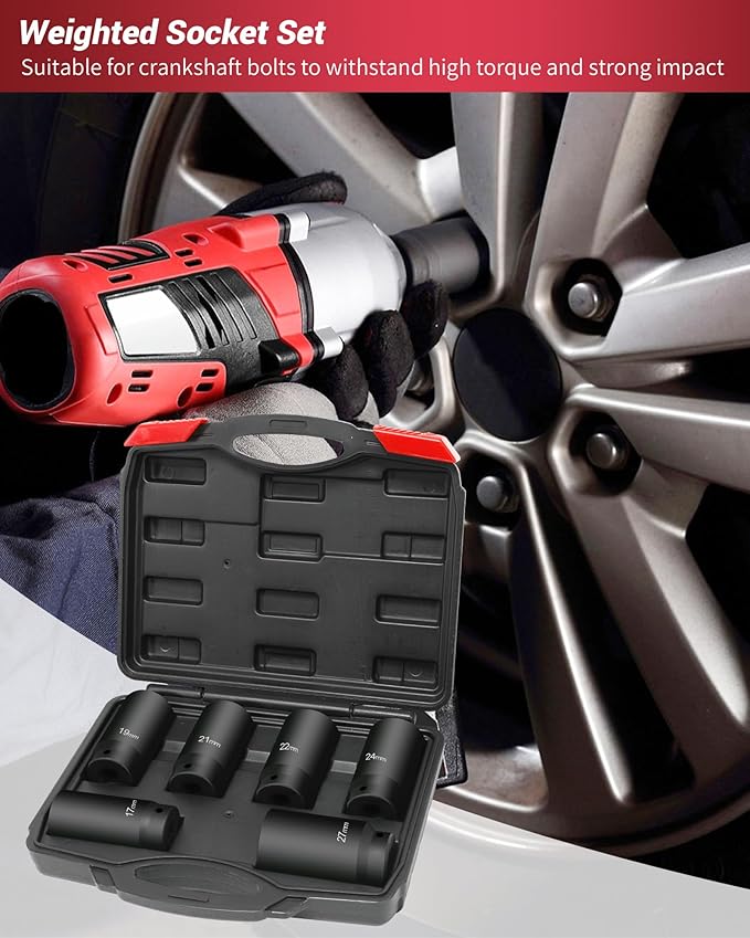 1/2?쇺?Drive Crank Bolt Socket Set, weighted socket set 6 Pack 17MM, 19MM, 21MM, 22MM, 24MM, 27MM, Harmonic Balancer Socket Set, 3 Times Momentum Power of Standard Impact Sockets