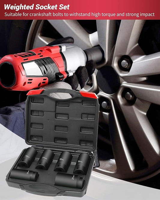 1/2?쇺?Drive Crank Bolt Socket Set, weighted socket set 6 Pack 17MM, 19MM, 21MM, 22MM, 24MM, 27MM, Harmonic Balancer Socket Set, 3 Times Momentum Power of Standard Impact Sockets