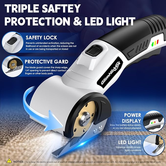 Electric Box Cutter for Cardboard, 4.2V Cordless Electric Scissors up to 1/4?? Cordless Cardboard Cutter with 2 Titanium Blades, with Safety Lock & LED, for Fabric, Leather, Plastic, Carpet