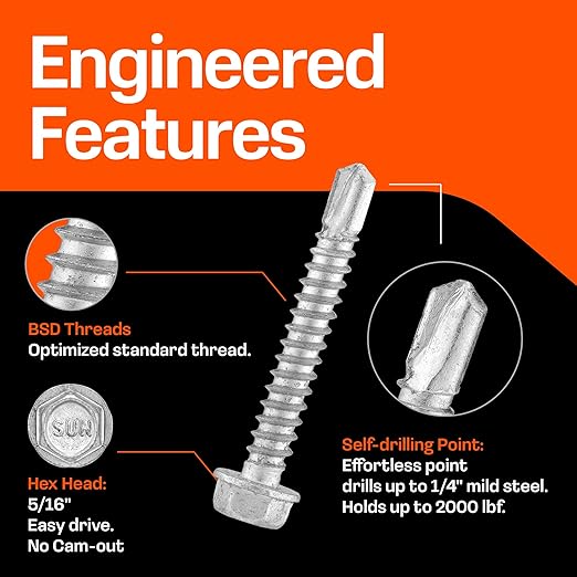 SUNKIN 48PCS Self Tapping Screws for Metal, Bi-Metal Stainless Steel 304 Rustproof, #12 x 2-1/2" Hex Head, Hardened Self Drilling Tip for Steel, Extreme Long Service Life