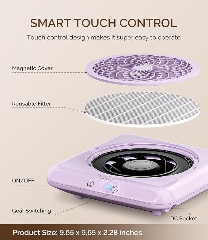 MelodySusie Professional Nail Dust Collector with Max Suction Power,SProF 4500RPM Nail Vacuum Fan with 3 Suction Modes,Touch Control & 360-Degree Capture Trusted Tool for Nail Tech & Salon Use,Purple
