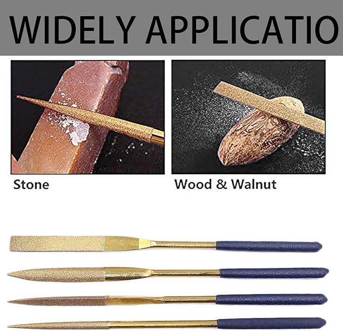 10-Piece Diamond Needle File Set, 4x160mm Titanium Coated Mini Files, Round Square Flat Shapes for Metal Glass Wood Stone Jewelry