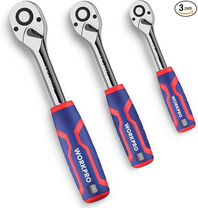 WORKPRO 3-Piece Ratchet Set, 1/4", 3/8", 1/2" Drive Ratchet Wrench, Quick-Release Reversible, 72-Tooth, Chrome Alloy Made
