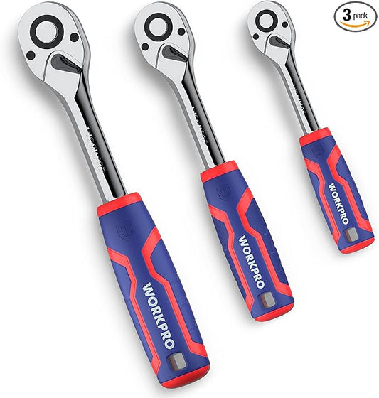 WORKPRO 3-Piece Ratchet Set, 1/4", 3/8", 1/2" Drive Ratchet Wrench, Quick-Release Reversible, 72-Tooth, Chrome Alloy Made