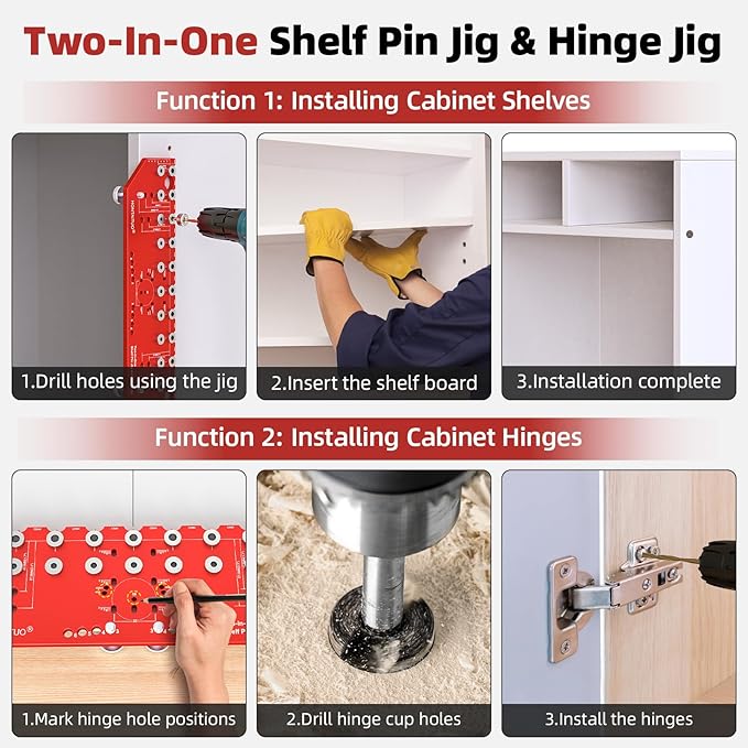 11-Hole Shelf Pin Jig and Hinge Jig 2-in-1,1/4 Inch and 5mm Shelf Pin Drilling Jig,Self-contained Clamping Function Shelf Jig and Cabinet Hardware Jig Tool Drill Guide