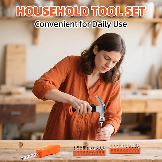 22 Piece Claw Hammer, Small Hammer, Screwdriver Set, Tools Set, Tool Kit with Anti-Slip Handle for Women DIY Craft Industry, Indoor Outdoor Using, Orange