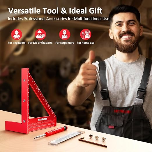 8 inch 3D Multi-Angle Measuring Square Ruler, WT103B High Precision Hole Scribing Woodworking Tools, 0-90째 Aluminum Alloy Carpenter Square Wood Working Tools, Carpenter Pencils 6 Refills.