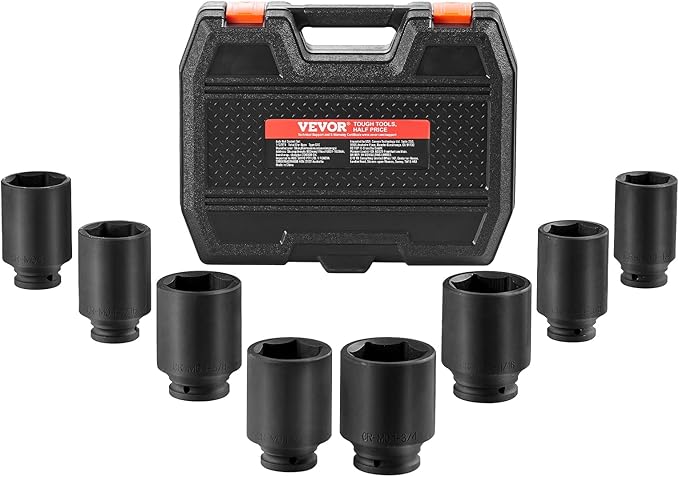 VEVOR Axle Nut Impact Socket Set - 3/4" Drive Deep 6-Point 8-Piece SAE Spindle Nut Socket CR-MO Heat Treated Large Socket Set with Storage Case for Auto Repair, Removing or Installing Axle Nuts