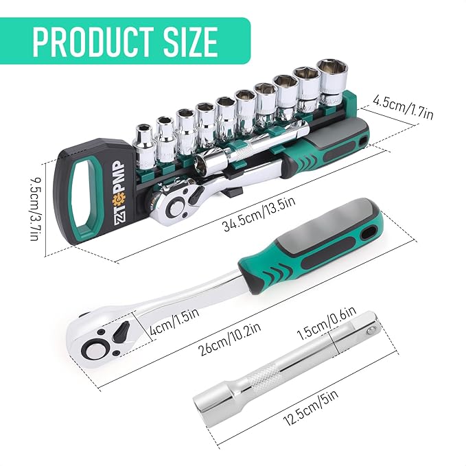 1/2 Inch Drive Ratchet Wrench, 72-Tooth Reversible Ratchet Quick Release, w/ 10 CR-V Steel Metric Sockets (10mm-24mm) and Extension Bar