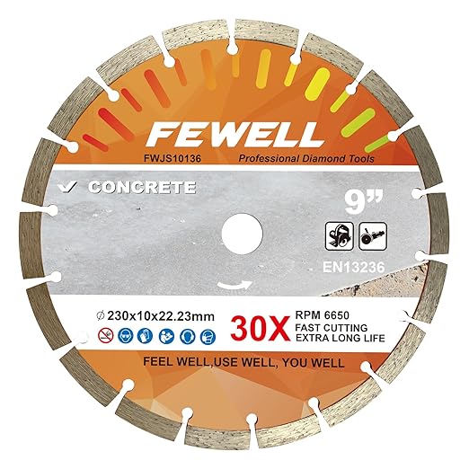 FEWELL 9 Inch Diamond Blade, Segmented General Purpose Blade Dry/Wet Cutting Concrete, Masonry, Brick, Block(1 Pack)
