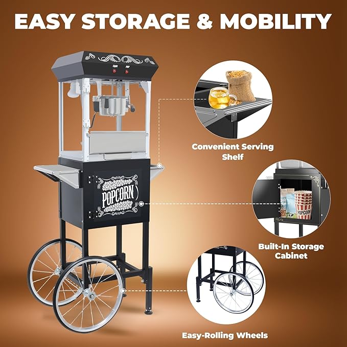 8 Oz Popcorn Machine Cart, 650 W, Popcorn Maker Machine with Stainless-Steel Kettle, Movie Theater Popcorn Machine with Steel Frame Tempered Glass Doors & Heated Warming Deck, Black