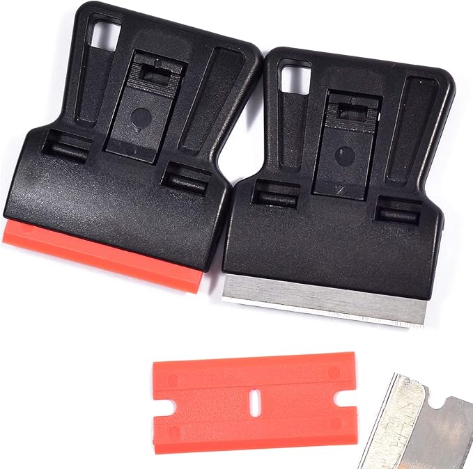 Portable 1.5inch Mini Metal Razor Scraper and Plastic Scraper with Blades, Putty Knife Set Removing Glue, Stain, Vinyl, Labels, Stickers, Decals, Pack of 2