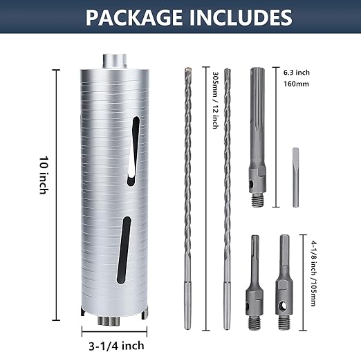 3-1/4 inch Diamond Dry Core Drill Bit, 10" Drilling Depth, 5/8"-11 Thread Core Drill Bit for Concrete Masonry Brick Block, Includes 3 Adapters SDS Plus, SDS Max and Hex (3-1/4 inch)