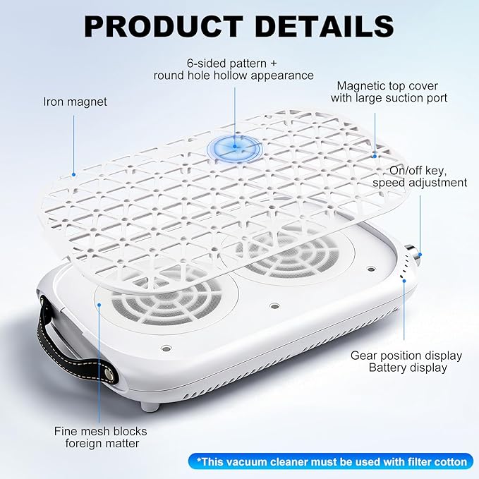 ANGNYA Nail Dust Collector with 2 Brushless Turbo Fans and Built-in Battery, G5 Professional 12000RPM Nail Vacuum Dust Collector, 30PCS Filter Papers Included, 99.99% Suction Power