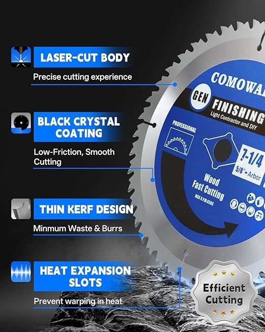 COMOWARE 7 1/4“ Circular Saw Blade, 40T ATB Circular Saw Blade, 5/8" Arbor, TCT Carbide-Tipped, Anti-Vibration, Teflon Anti-Stick, Miter Saws Blades for Wood, Laminate, Plywood & Hardwoods