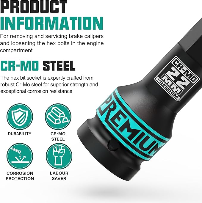 3/4" Drive H22 Impact Hex Bit Socket, 22 mm Allen Bit Socket, Metric, Cr-Mo Steel, Car Maintenance, Furniture Installation, Mechanic Use