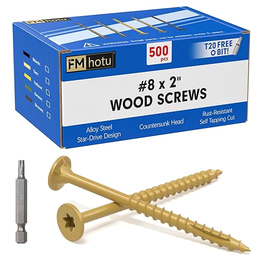 #8 x 2” Deck Screws, 500Pcs Star Drive Wood Screws, Rust Resistant Timber Screws for Timber/Log/Landscaping Wood, T20 Star Bit Included, Yellow