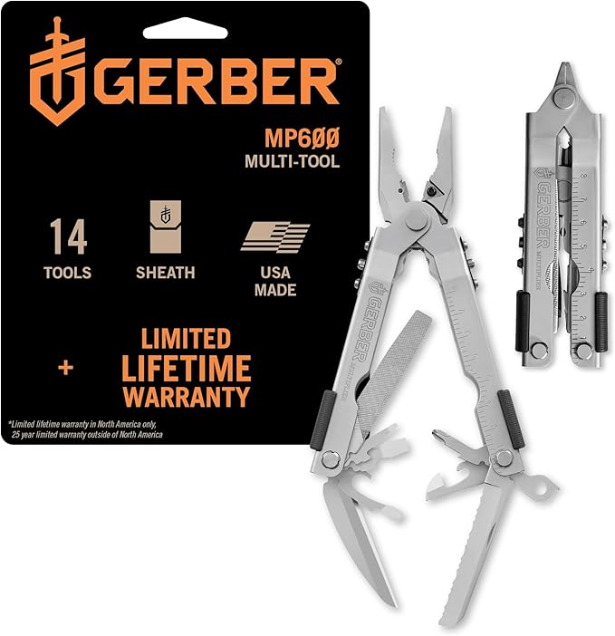 Gerber Gear Multi-Plier 600 - 14-in-1 Multitool with Sheath, Needlenose Pliers, Screwdriver, Serrated Knife, Wire Crimper, Bottle Opener, Can Opener & More - Made in USA - Stainless Steel