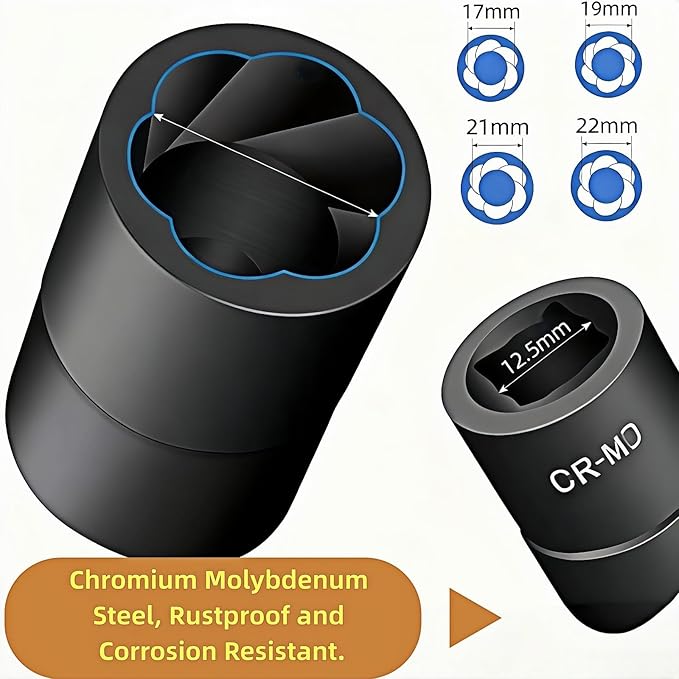 5PCS Lug Nut Removal Tool, 17/19/21/22MM Impact Bolt Extractor Set, CR-MO Steel Wheel Lock Removal Kit for Damaged/Rusted Nuts, Compatible with 1/2" Drive Impact Wrench