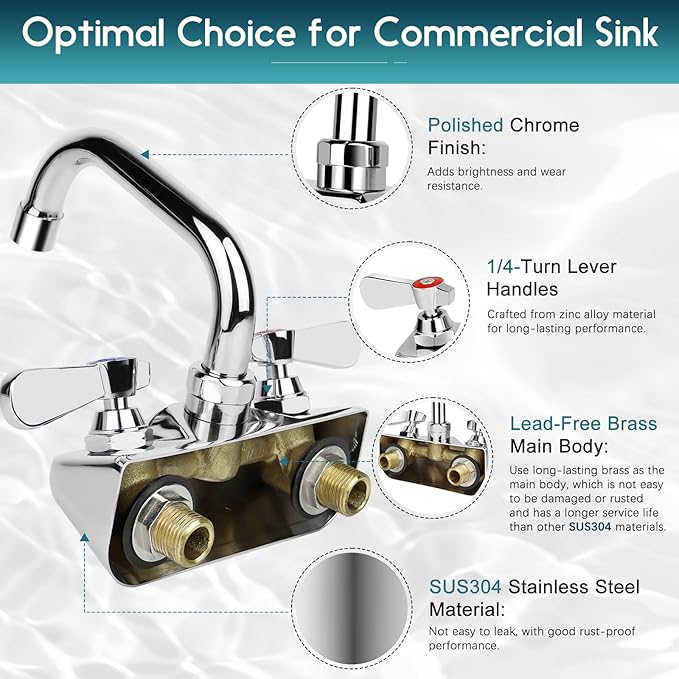 Leak-Free Commercial Sink Faucet 6" Swivel Spout, Wall Mount Kitchen Hand Sink Faucet with 4 Inch Center, 1/2" NPT Male Inlet, Brass Constructed & Chrome Polished, Dual Lever Handles