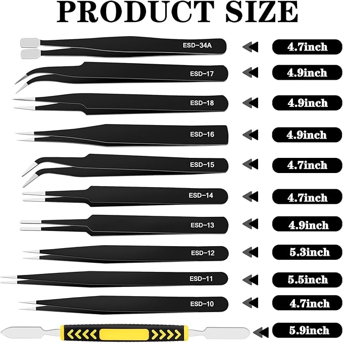 11 PCS Precision Tweezers Set, ESD Tweezers Set, Premium Craft Tweezers Kit, Anti-Static Stainless Steel Tweezers with Tweezer Storage Bag for Lab, Electronics, Jewelry, Laboratory Work, DIY