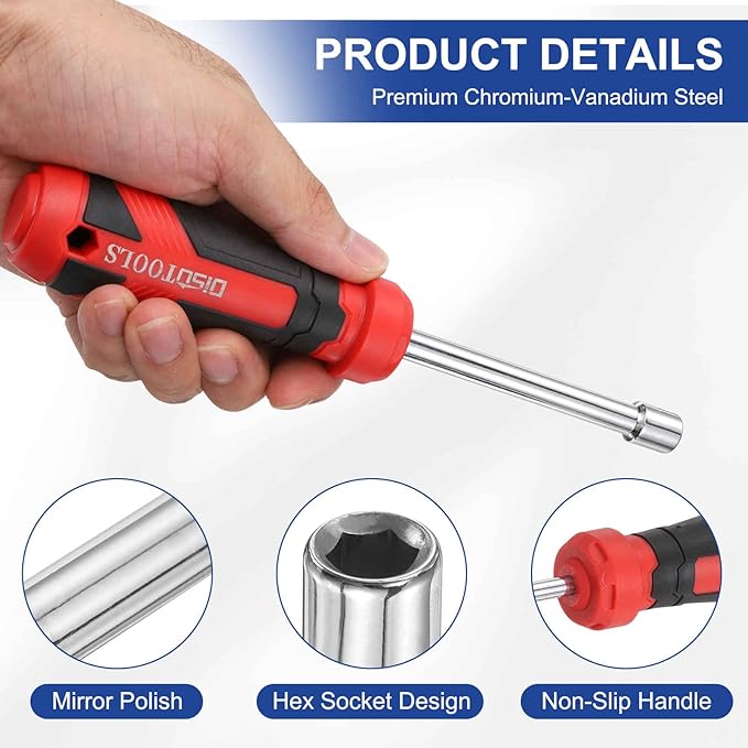 HARFINGTON SAE Nut Driver 11/32" CR-V Non-Magnetic Tip Hollow Shafts Hex Socket Screwdriver with Anti-Slip Handle for Automobile Repair Bit Driver