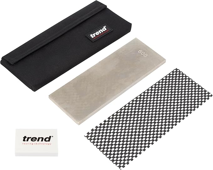Trend 8-Inch Diamond Sharpening & Flattening Stone, Double Sided (180/600 Grit) Bench Stone with Pouch, Cleaning Block & Non-Slip Mat, DWS/CP8/FX