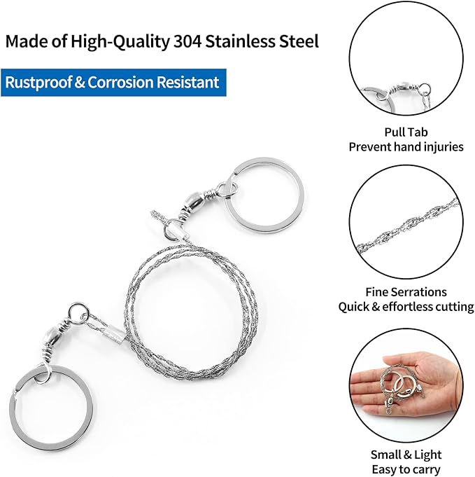 Bivethoi 3 Pack Stainless Steel Wire Emergency Saw Kit, Camping Mini Backpacking Cable Cutting String Bone Rope, Travel Chainsaw for Wood Cutting Hiking Hunting (Ring Handle)