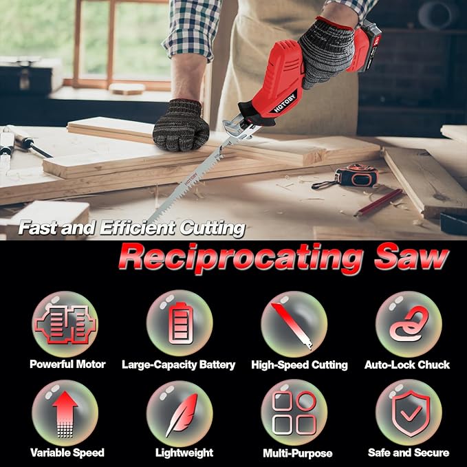 Reciprocating Saw, Cordless, Electric Reciprocating Saw with 2 Batteries, Includeds 8 Blades Kit, Tool-free Blade Change, Variable Speed, Multi-Purpose, For DIY Wood Metal PVC Cutting (Red)