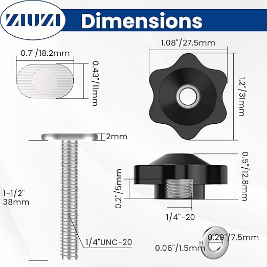 10 Sets of 1/4"-20 T Track Knob Kit, Star Knobs Kit Include 1/4-20 Threaded Bolts with Washers and Star Knobs, T Track Accessories for Woodworking Jigs and Fixtures