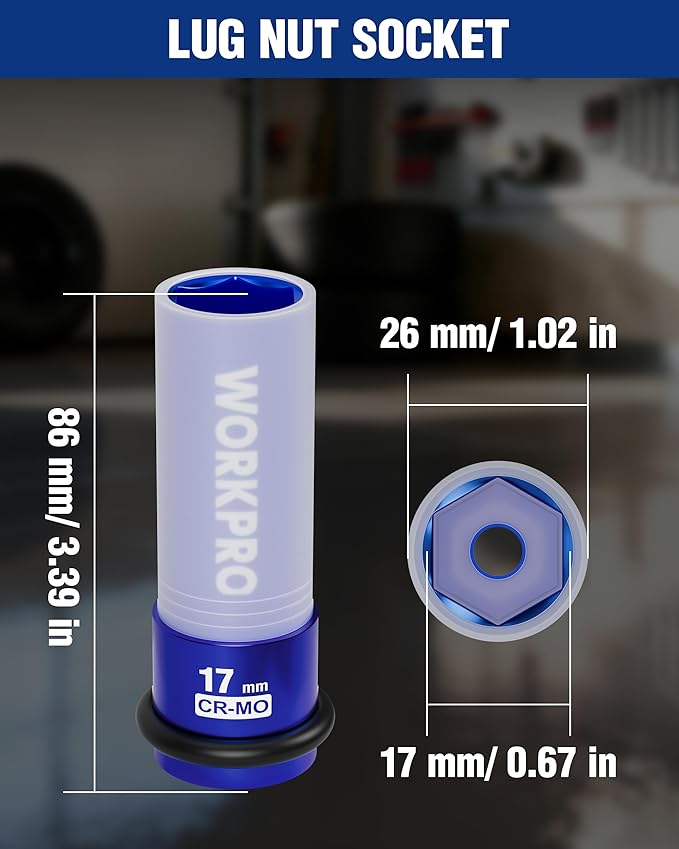 WORKPRO 1/2" Drive Lug Nut Impact Duty Socket, 17mm Deep Thin Wall Socket, Made of Premium Cr-Mo Steel, Non-Marring Lug Nut Wheel Sockets for Car