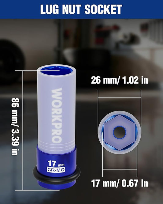 WORKPRO 1/2" Drive Lug Nut Impact Duty Socket, 17mm Deep Thin Wall Socket, Made of Premium Cr-Mo Steel, Non-Marring Lug Nut Wheel Sockets for Car