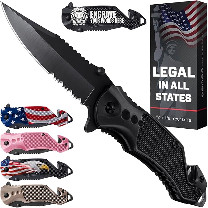 GOOD WORKER Legal Pocket Knife with 2.95??Serrated Blade, Glass Breaker, Seat Belt Cutter - EDC Sharp Folding Knives with Portable Clip - Small Tool for Tactical Camping Survival Hiking - Gifts for Men, Women