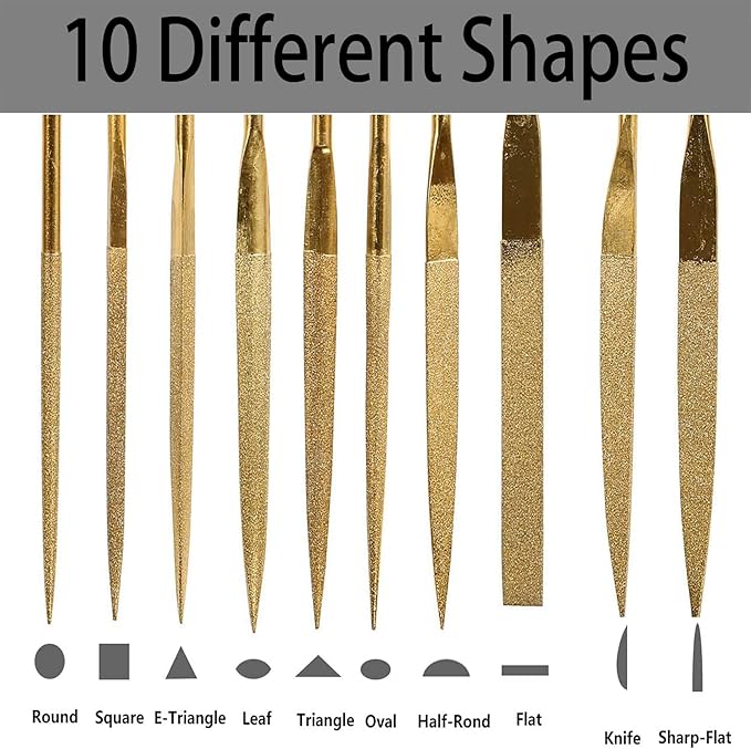 10-Piece Diamond Needle File Set, 4x160mm Titanium Coated Mini Files, Round Square Flat Shapes for Metal Glass Wood Stone Jewelry