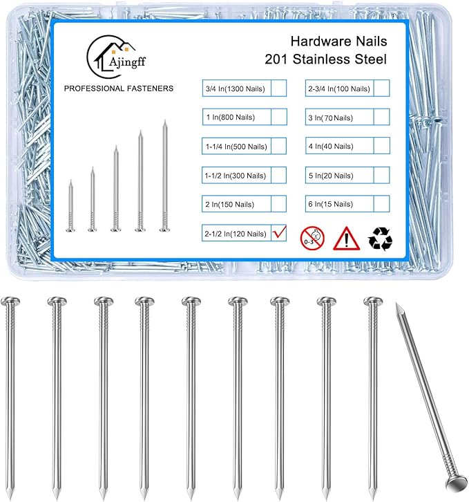 120PCS Galvanized Steel Hardware Nails with Storage Box, 2-1/2Inch Flat Head Nails for Hanging Pictures and Woodworking, Picture Hanging Nails, Long Nails, Wall Nails, Wood Nails, Finishing Nails