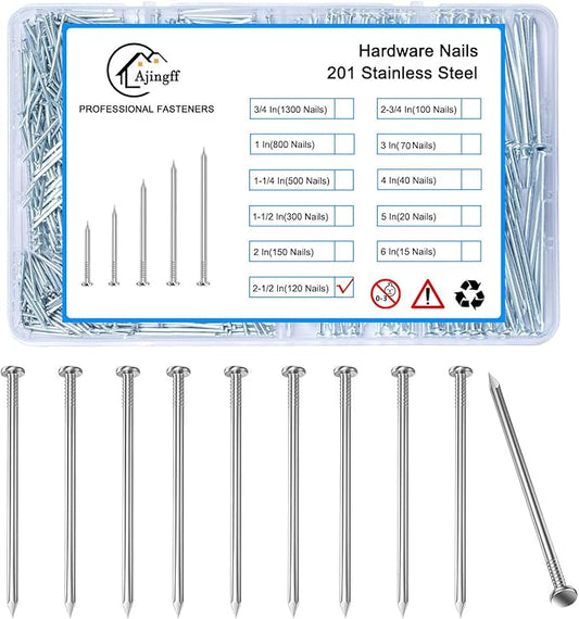 120PCS Galvanized Steel Hardware Nails with Storage Box, 2-1/2Inch Flat Head Nails for Hanging Pictures and Woodworking, Picture Hanging Nails, Long Nails, Wall Nails, Wood Nails, Finishing Nails