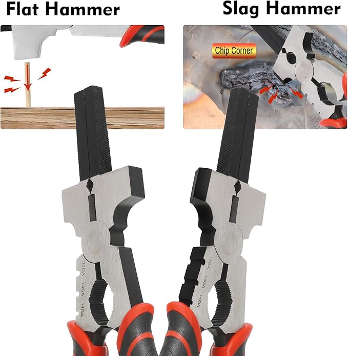Welding Pliers,8 Inch,Chipping Hammer,Fine & Coarse Files,Hardened Wire Cutter,Tip Jaw, Pipe Jaws,Mig Nozzle Cleaner,Durable Forged Steel