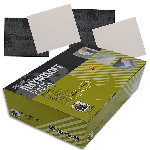 Indasa Rhynosoft Foam Sanding Pads - 4.5" x 5.5",Hook and Loop, 320 Grit, Plusline, Flexible, Tear-Resistant, Ideal for Automotive, Wood, & Finishing (Pack of 20 Pads)