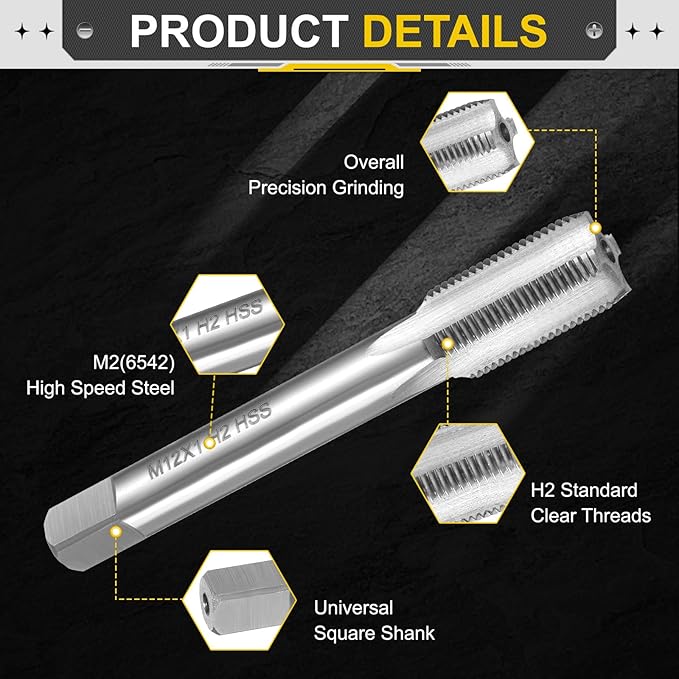 uxcell Hand Plug Tap M12 x 1 H2 Metric Thread Plug Style Taps Straight Flute Screw Tapping Threading Tool High Speed Steel HSS6542