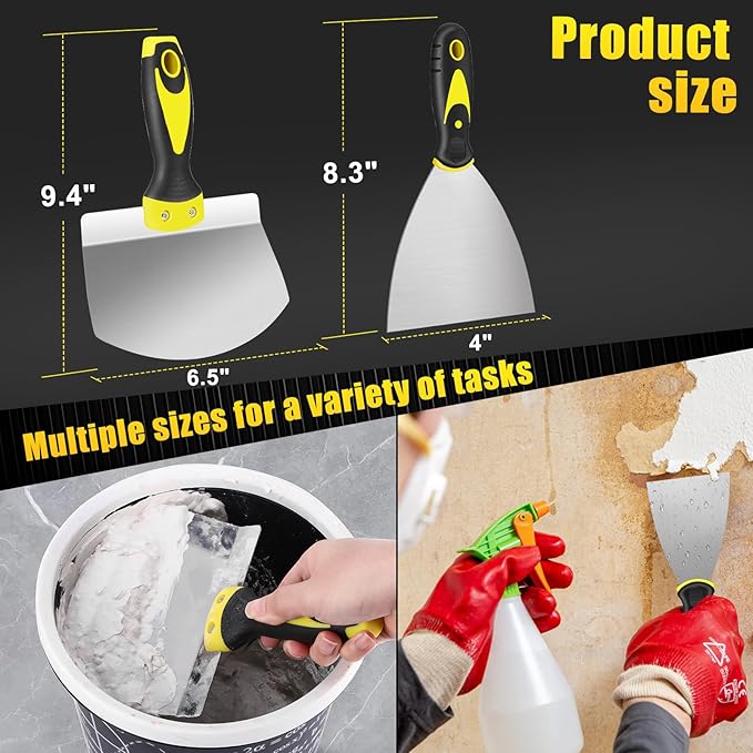 Bucket Scoop - 6.5" Arc-shape Stainless Steel Bucket Scraper and 4" Putty Knife Set - Rustproof Bucket Scoop for Drywall, Plaster - Scraper Hand Tool with Soft-Grip Handle