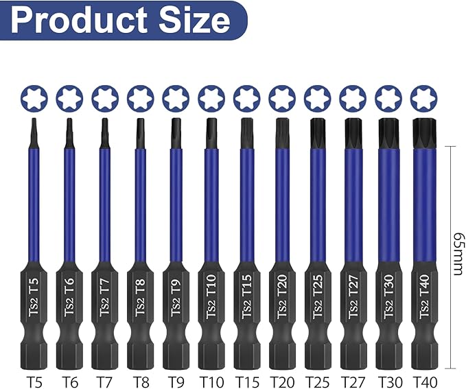 HPHOPE Professional Torx Bit Set 12 Piece, Screwdriver Bit Set T5 - T40, Length 65mm, 1/4??Hex Shank with Storage Box.