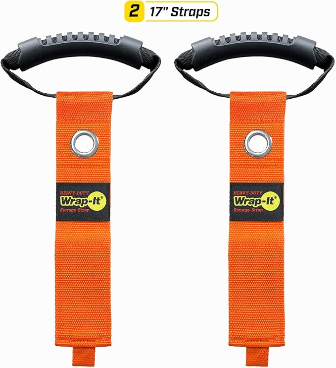 Easy-Carry Wrap-It Storage Straps - 17??(2-Pack) Blaze Orange with Grommet - Extension Cord Hanger Carrying Straps for RV Accessories