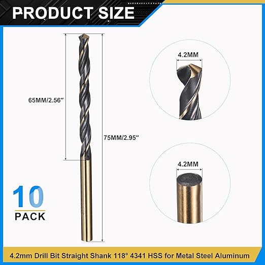 PATIKIL 4.2mm Drill Bit, Jobber Straight Shank 4341 High-Speed Steel 118째 Black and Gold Finish for Medium-Hard Metal Steel Acrylic - 10 Pack