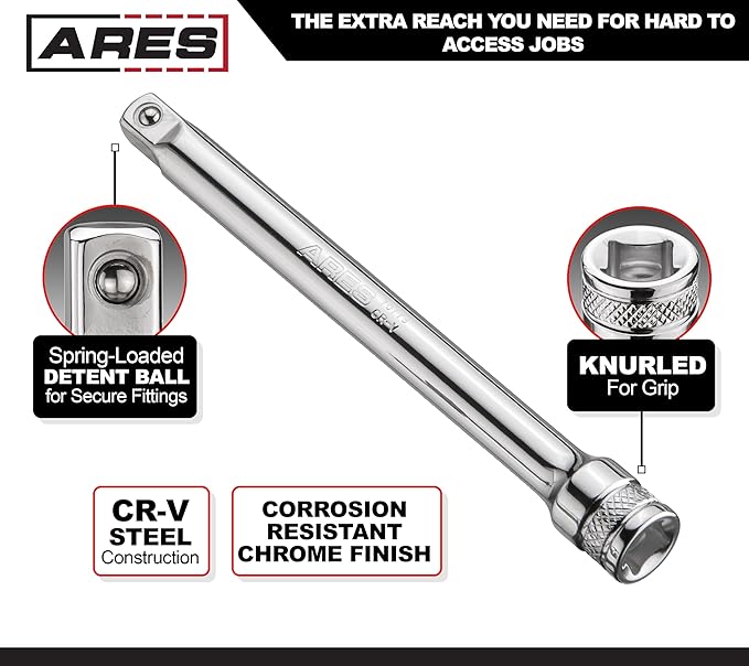 ARES 70245-3-Piece 1/2-Inch Drive Socket Extension Set - Includes 3-Inch, 5-Inch and 10-Inch Extensions - Premium Chrome Vanadium Steel with Mirror Finish