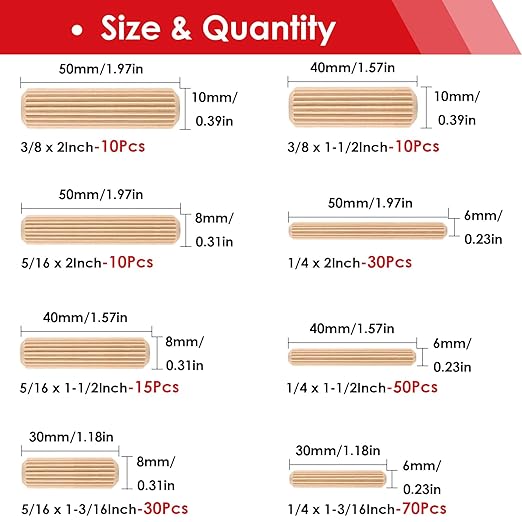 smseace Wooden Dowel Pins - 8 Sizes 1/4Inch 5/16Inch 3/8Inch Fluted Wooden Dowel Kit for Crafts, Furniture, Door, DIY