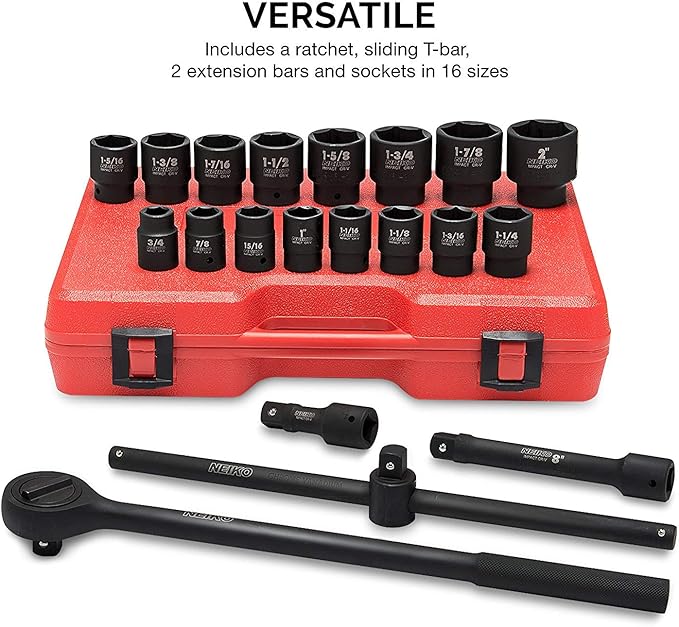 NEIKO 02379A 3/4" Drive Jumbo Impact Socket Set | 21 Piece | Shallow | SAE | Sizes 3/4??to 2??| Cr-V Steel