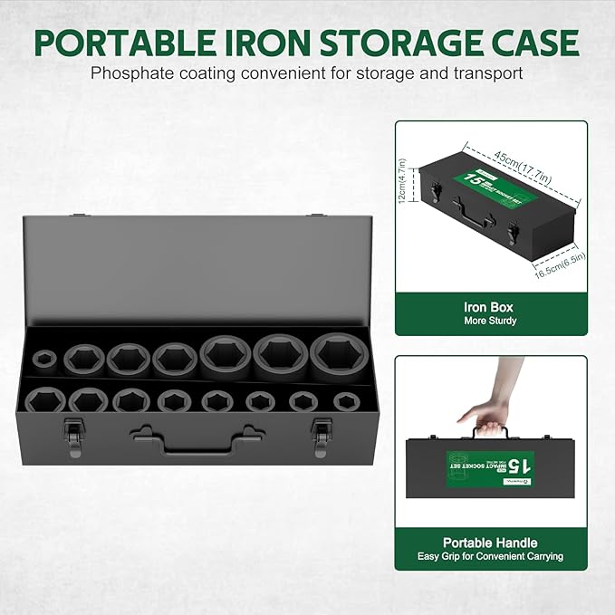 1 Inch Drive Deep Impact Socket Set,15 Pcs, Metric, CR-MO, 17/19/21/22/24/27/30/32/34/36/38/41/46/50/55mm Heavy Duty Large Sockets for Truck, Excavator & Industrial Use, with Metal Case