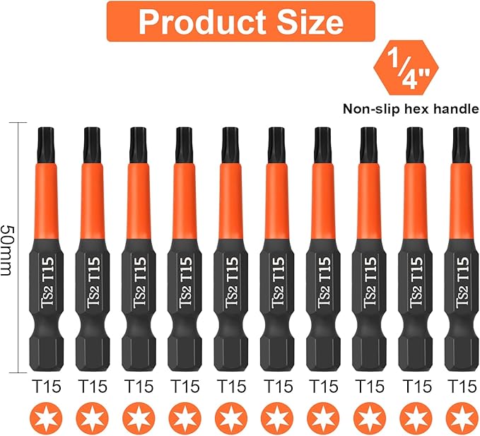 Pro T15 Screwdriver Bit Set - Torx Screwdriver 10 Pieces, 50mm Length, 1/4" Hex Shank Bit Assortment, with Storage Box