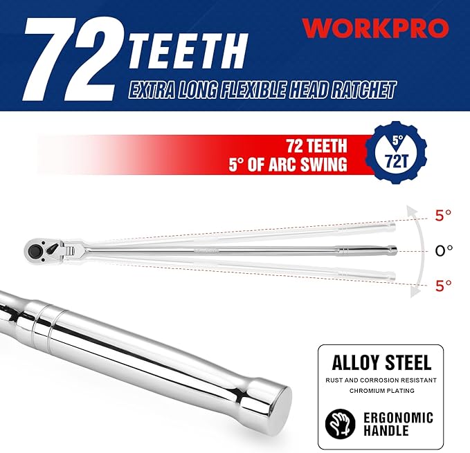 WORKPRO 1/2 inch Drive Extra Long Flex Head Ratchet, 24 Inch Long CR-V Steel Ratchet Handle with Chromium Plating, CR-MO Head, Quick Release Reversible Design, 72-Tooth