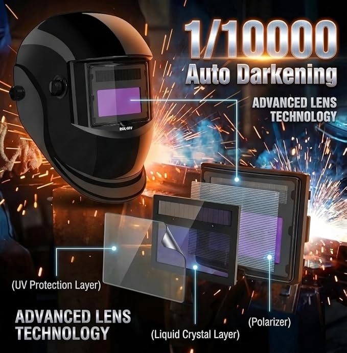 Welding Helmet Auto Darkening-Solar/Battery Powered-True Color -Wide View Screen Welding Mask-2 Arc Sensor，0.1ms Response Time-Shade 9-13,For SMAW, MIG, TIG And Grinding
